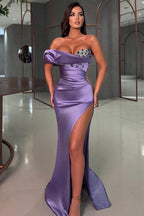 Sexy Long Mermaid Purple One Shoulder Sleeveless Rhinestones Prom Dress with Slit