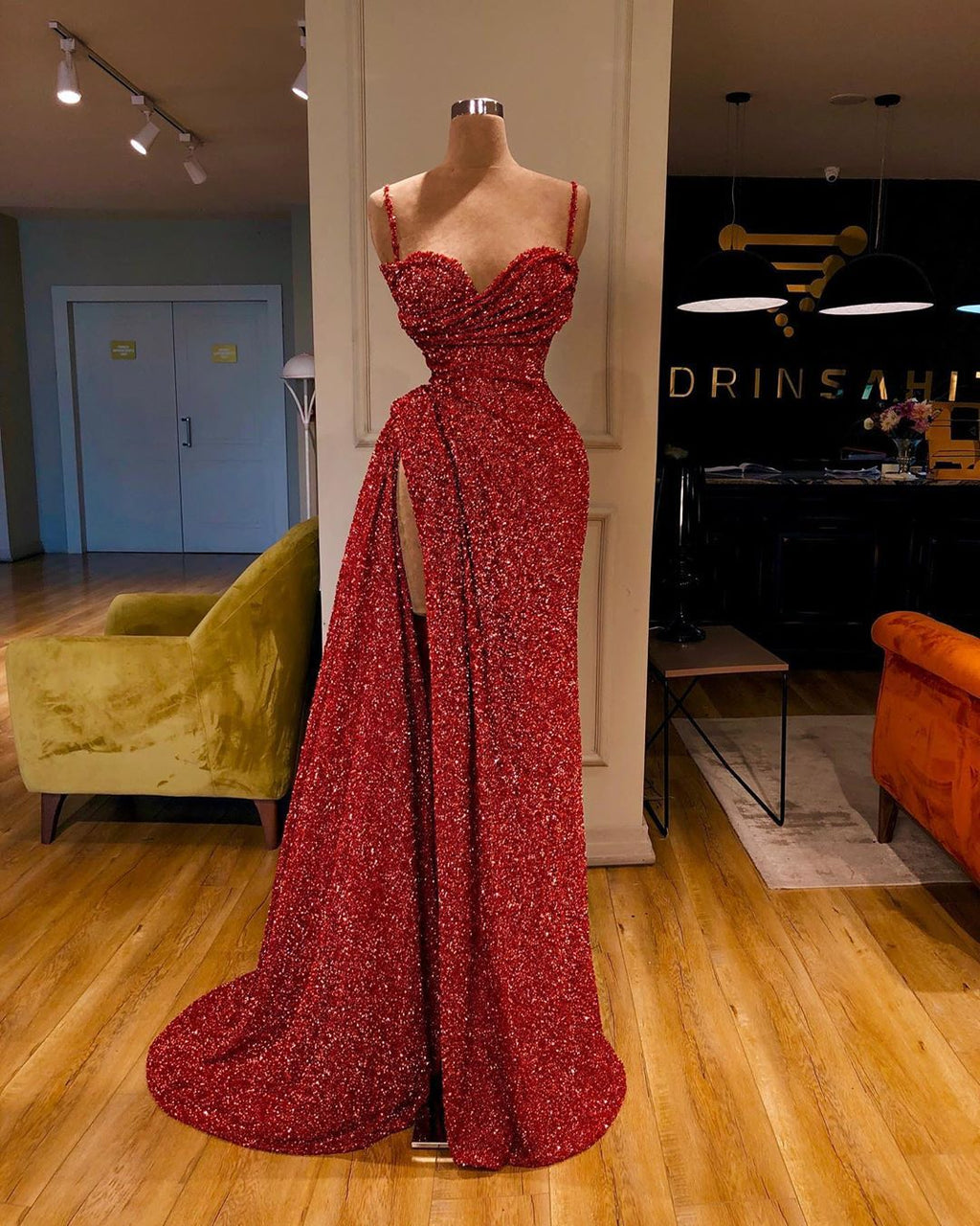 Sexy Long Mermaid Spaghetti Straps Sequins Prom Dress With Slit