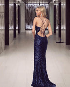 Sexy Long Mermaid V-neck Sequined Prom Dresses with Slit