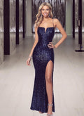 Sexy Long Mermaid V-neck Sequined Prom Dresses with Slit