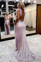 Sexy Long Mermaid V-neck Sequined Sleeveless Prom Dress With Slit