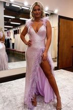 Sexy Long Mermaid V-neck Sequined Sleeveless Prom Dress With Slit