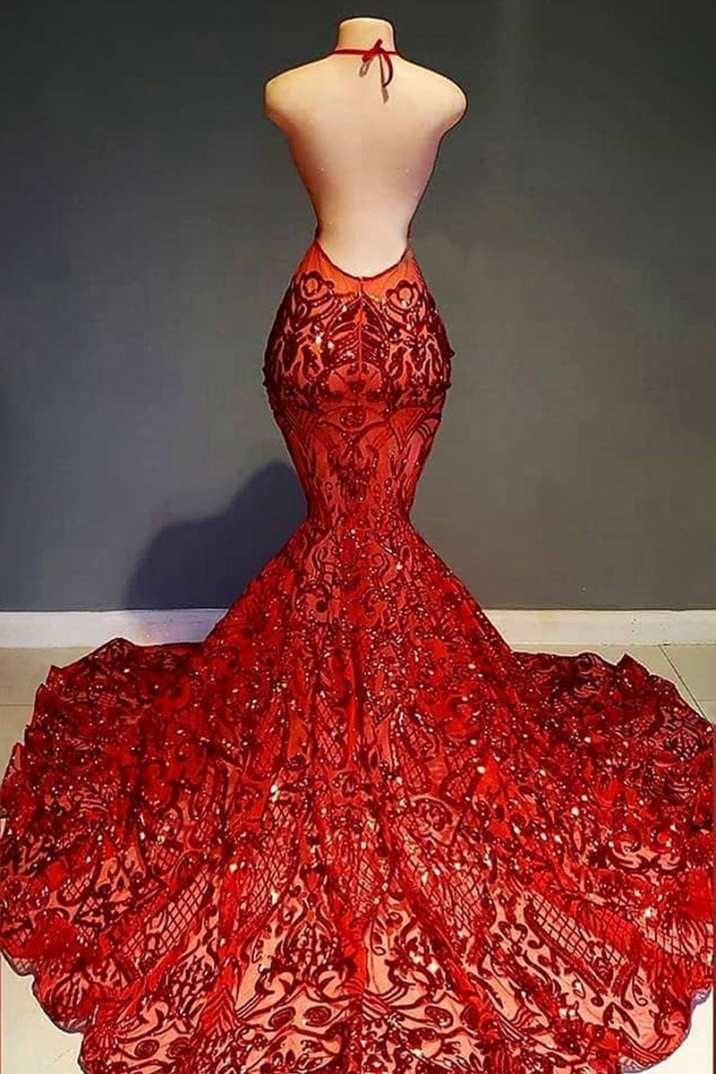 Sexy Long Red Halter Backless V-neck Lace Sleeveless Mermaid Prom Dress