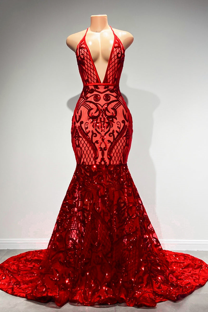 Sexy Long Red Halter Backless V-neck Lace Sleeveless Mermaid Prom Dress