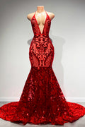 Sexy Long Red Halter Backless V-neck Lace Sleeveless Mermaid Prom Dress