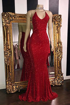 Sexy Mermaid Halter Sequins Red Long Prom Dresses