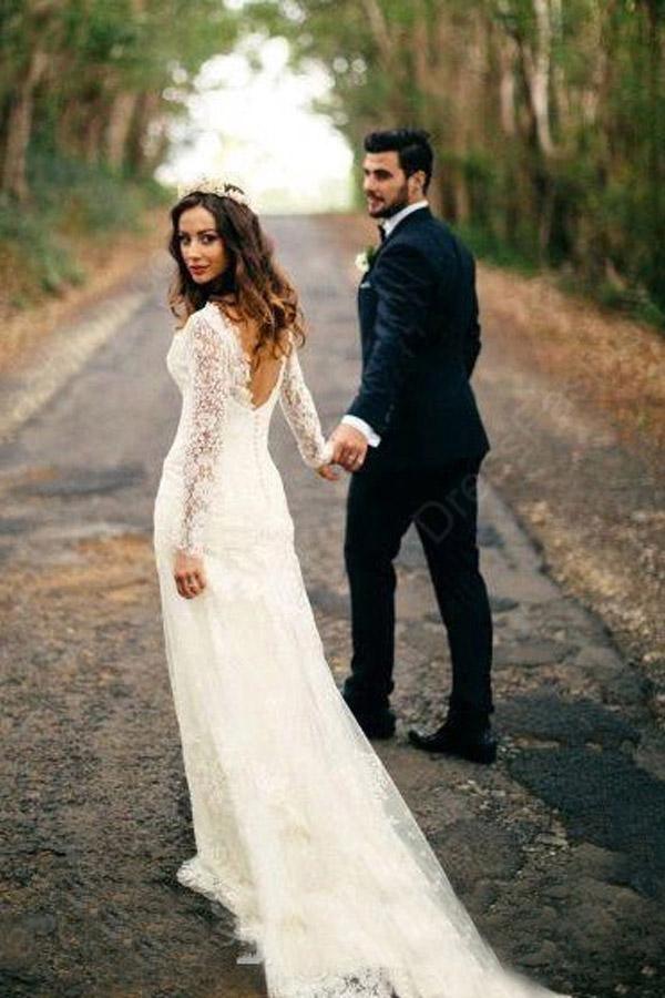 Sexy Mermaid Long Sleeves White Lace Wedding Dress