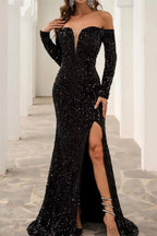 Sexy Off The Shoulder Black Sequined Front-Split Prom Dresses With Long Sleeves