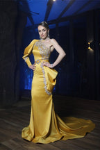 Sexy One Puffy Sleeves Satin Mermaid Prom Dress with Glitter Crystals