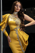Sexy One Puffy Sleeves Satin Mermaid Prom Dress with Glitter Crystals