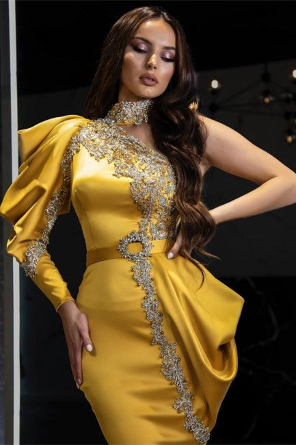 Sexy One Puffy Sleeves Satin Mermaid Prom Dress with Glitter Crystals