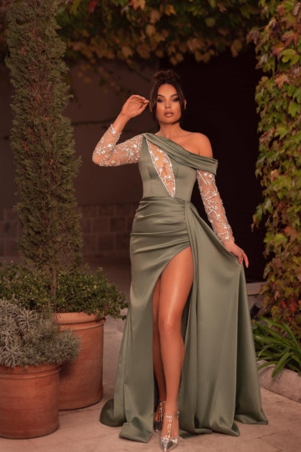 Sexy One Shoulder Beading Split Evening Dresses Long Prom Dresses With Long Sleeves