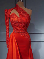 Sexy One Shoulder High Neck Silk Satin Glitter Floral Patterns Slim Mermaid Evening Dress with Detachable Train