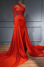 Sexy One Shoulder High Neck Silk Satin Glitter Floral Patterns Slim Mermaid Evening Dress with Detachable Train