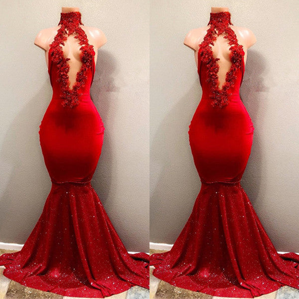 Sexy Red High Neck Mermaid Prom Dress