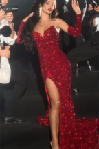 Sexy Red V-neck Sleeveless Sequined Split Front Mermaid Prom Dress