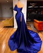 Sexy Royal Blue Long Mermaid Satin Prom Dress With Slit
