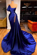 Sexy Royal Blue Long Mermaid Satin Prom Dress With Slit