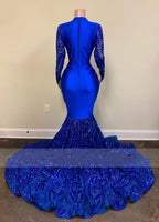 Sexy Royal Blue Long Mermaid V Neck Prom Dresses with Sleeves