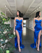 Sexy Royal Blue Spaghetti-Straps Mermaid Prom Dresses With Split