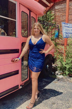 Sexy Royal Blue V-neck Spaghetti Straps Sleeveless Short Homecoming Dresses