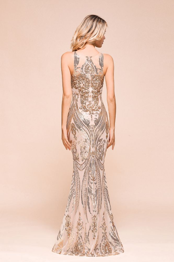 Sexy Sleeveless Mermaid Prom Gown Sparkly Gold Pattern Floor Length Straps Evening Dress