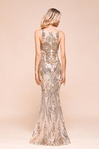 Sexy Sleeveless Mermaid Prom Gown Sparkly Gold Pattern Floor Length Straps Evening Dress