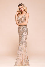 Sexy Sleeveless Mermaid Prom Gown Sparkly Gold Pattern Floor Length Straps Evening Dress
