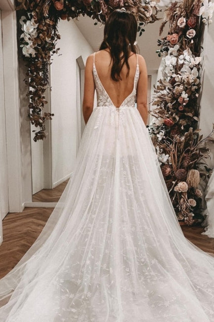 Sexy Spaghetti Straps Sleeveless A-Line Lace Wedding Dresses