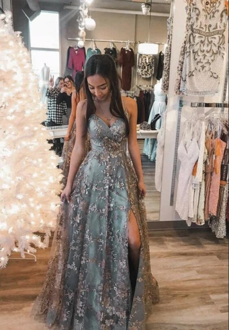 Sexy Spaghetti Straps Sweetheart Aline Prom Dress Floral Lace Evening Dress with Side Slit
