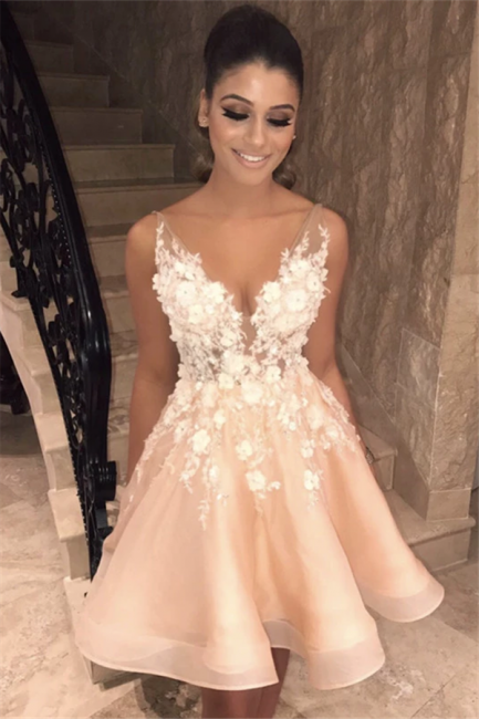 Sexy Spaghetti Straps V Neck Homecoming Dress | Chic Appliques Flowers Short Homecoming Dress