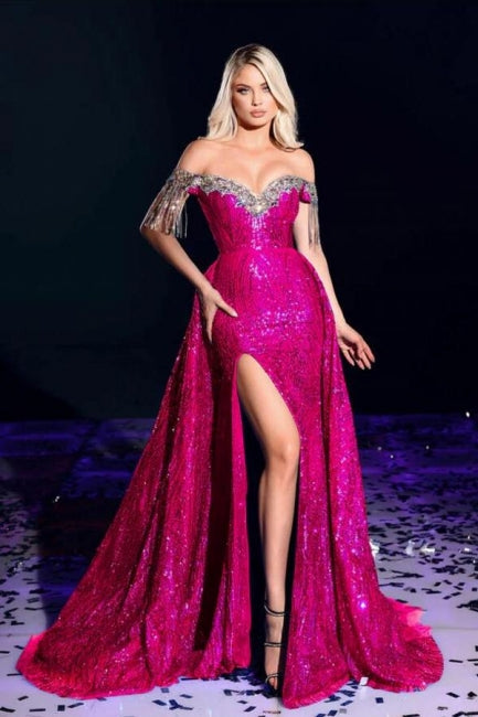 Sexy Sparkly Burgundy Off-the-shoulder Long Prom Dresses Royal Blue Evening Gowns