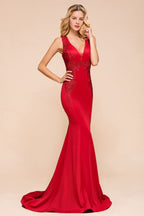 Sexy V-neck Sleeveless Mermaid Evening Maxi Gown Floral Appliques Party Dress with Sweep Train