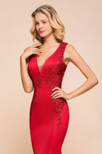 Sexy V-neck Sleeveless Mermaid Evening Maxi Gown Floral Appliques Party Dress with Sweep Train