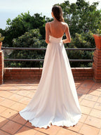 Sexy White Long A-line V-neck Open Back Satin Formal Prom Dresses with Slit