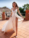 Sexy White Long A-line V-neck Open Back Satin Formal Prom Dresses with Slit