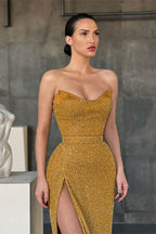 Sexy Yellow Sleeveless Mermaid Prom Dress With Side Slit