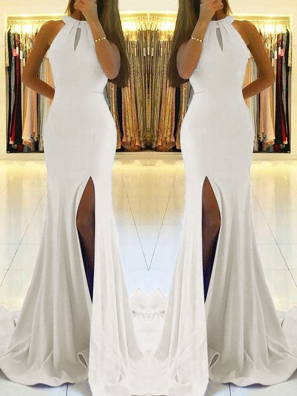 Sheath Halter Sleeveless With Ruffles Stretch Crepe Prom Dresses