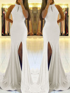 Sheath Halter Sleeveless With Ruffles Stretch Crepe Prom Dresses