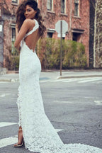 Sheath High Neck Sweep Train Open Back Lace Wedding Dress with Split