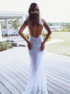 Sheath High Neck Sweep Train Open Back Lace Wedding Dress with Split