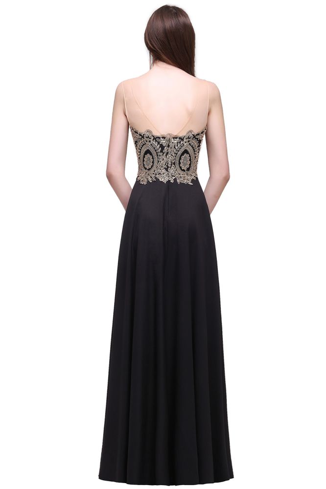 Sheath Scoop Floor-Length Applique Sleeveless Long Black Prom Dresses