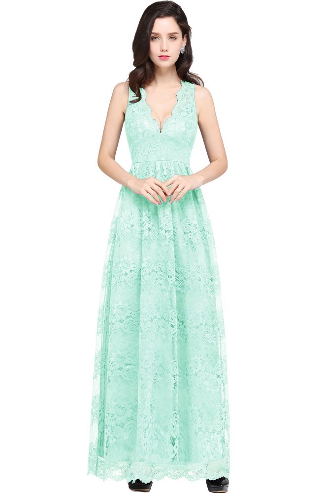 Sheath V-neck Floor-length Lace Navy Blue Prom Dress
