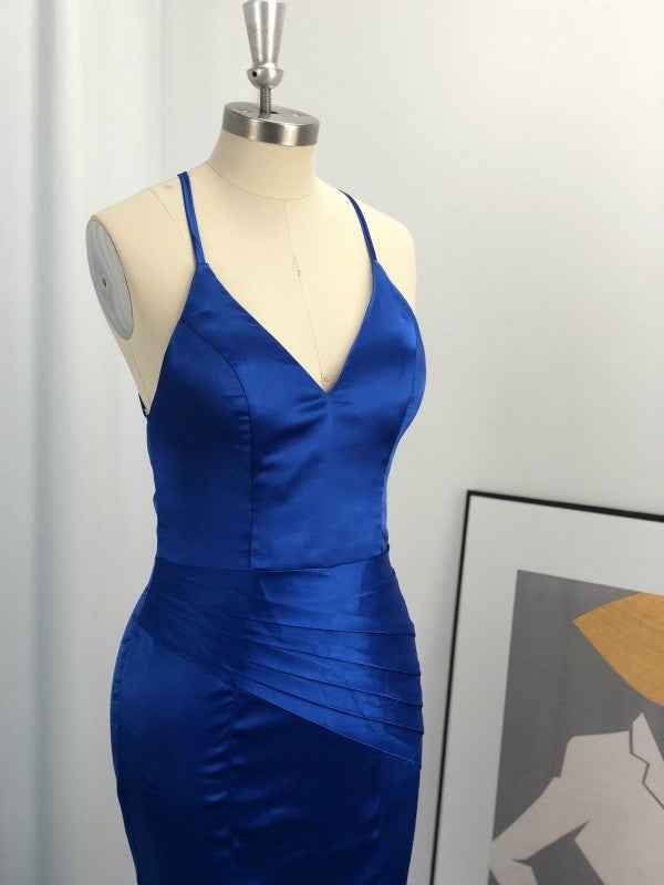 Sheath V-neck Sleeveless With Ruched Elastic Woven Satin Prom Dresses