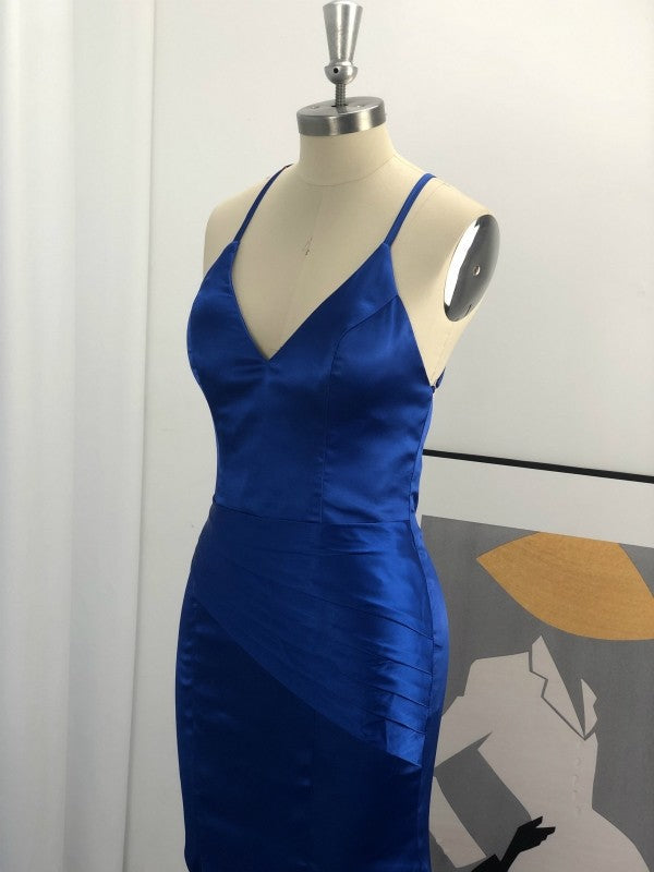 Sheath V-neck Sleeveless With Ruched Elastic Woven Satin Prom Dresses