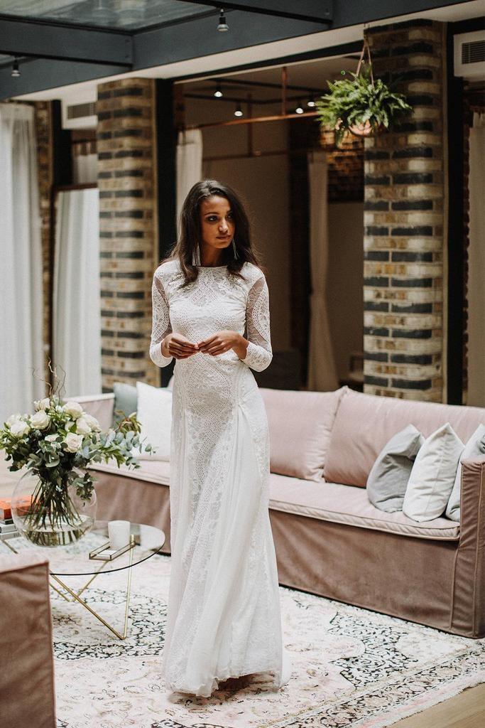 Sheath/Column  Lace Wedding Dress With Long Sleeve Open Back Bridal Gown