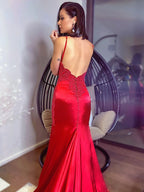 Sheath/Column Silk like Satin Spaghetti Straps Sleeveless Applique Prom Dresses
