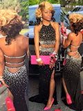 Sheath/Column Sleeveless Halter Beading Chiffon Two Piece Prom Dresses