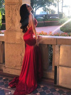 Sheath/Column Sleeveless Spaghetti Straps Applique Silk like Satin Prom Dresses