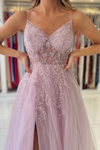 Shimmers Pink Spaghettistraps Sleeveless Column Tulle Floor-Length Prom Dresses with Beadings